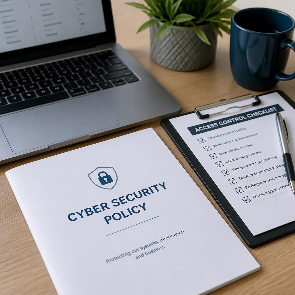 Cyber security policy document beside a laptop and access control checklist