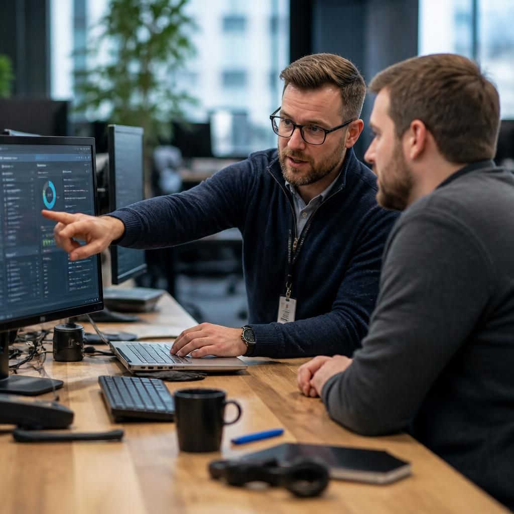 IT specialist discussing a computer screen with a colleague in an office