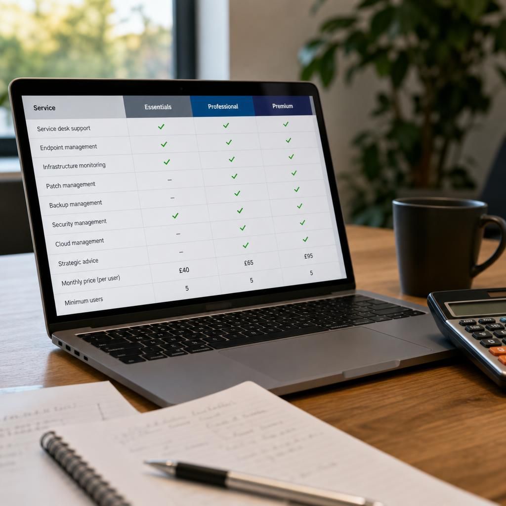Managed IT services pricing comparison displayed on a laptop beside notes and a calculator