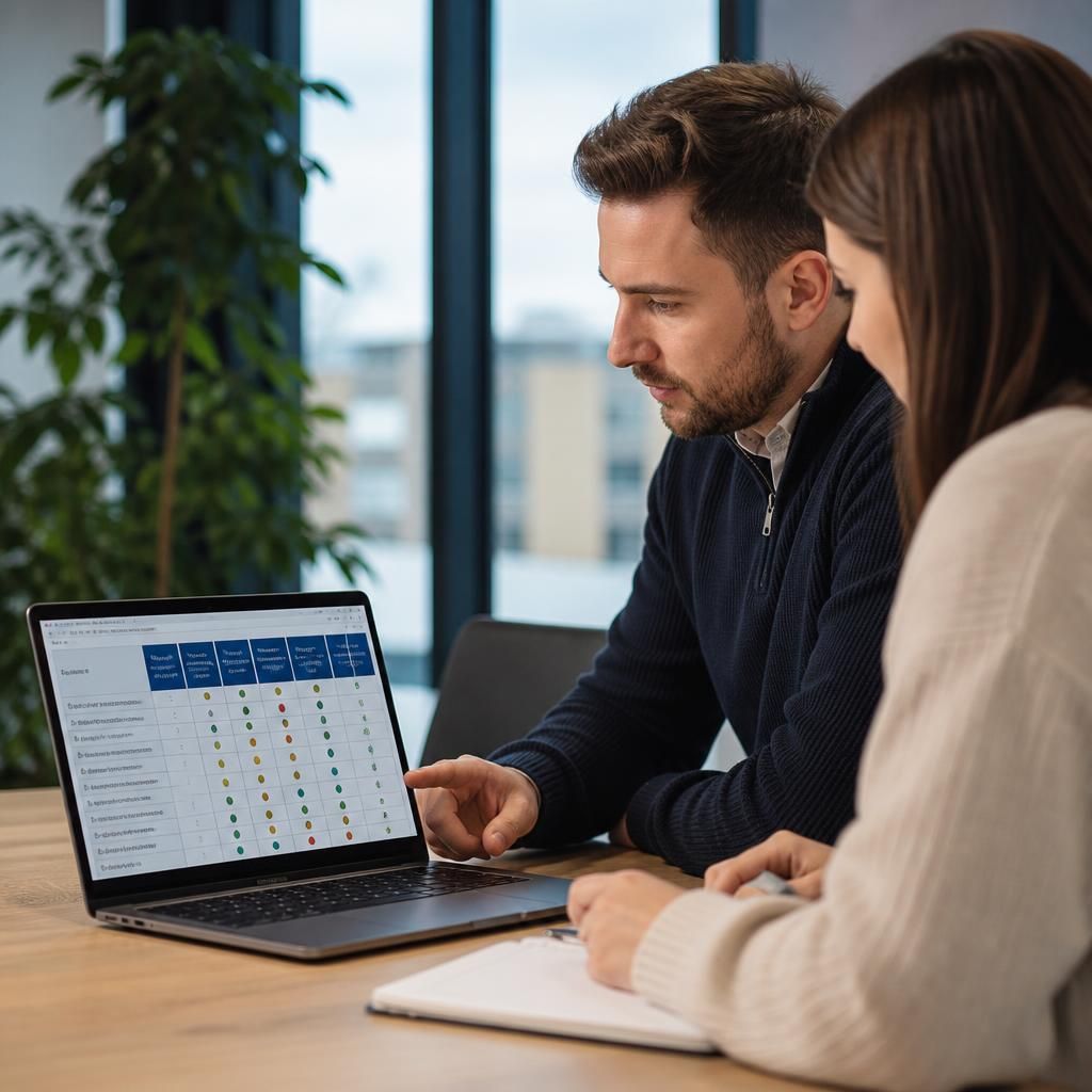 Colleagues reviewing a managed IT services responsibility matrix on a laptop