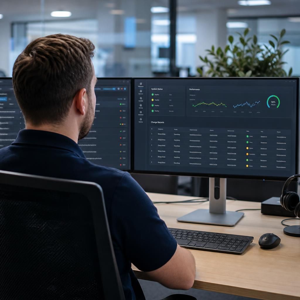 IT service management dashboard showing system status and change records