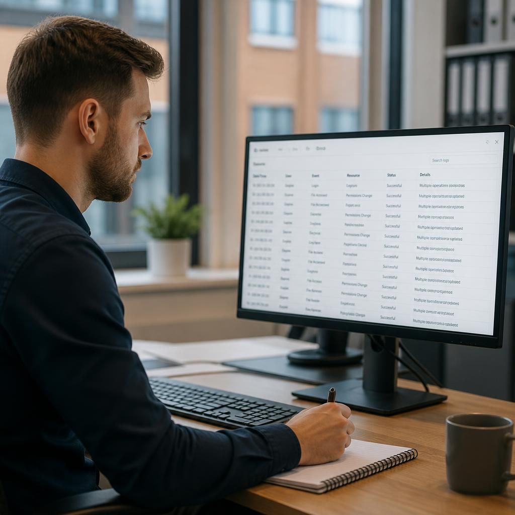 IT administrator reviewing compliance records and system access logs on a monitor