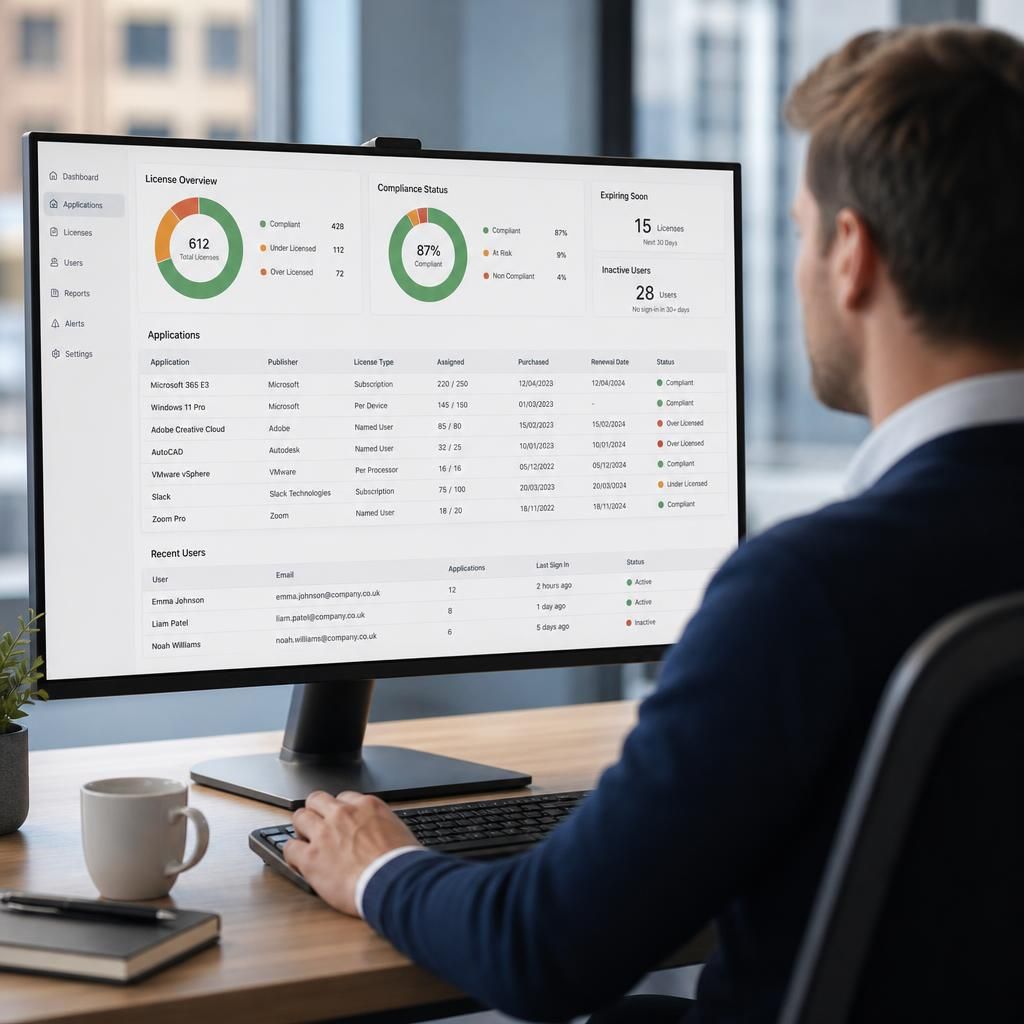 Software licence dashboard showing applications, user assignments and renewal dates