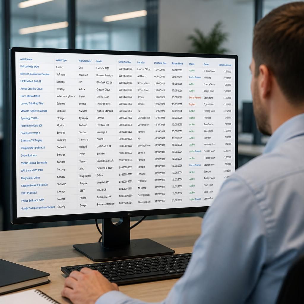 IT asset register showing equipment, licences and renewal dates on a computer screen