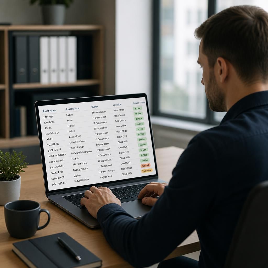 IT asset register showing device details, ownership, location and lifecycle status