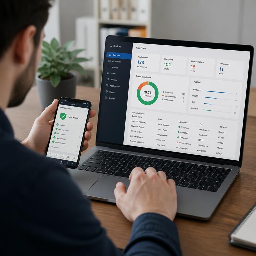 Laptop and smartphone displaying a central device management dashboard