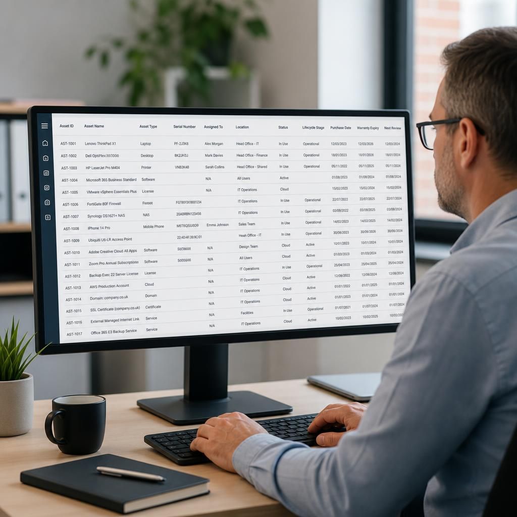 IT asset register showing device records, ownership and lifecycle details on a computer screen