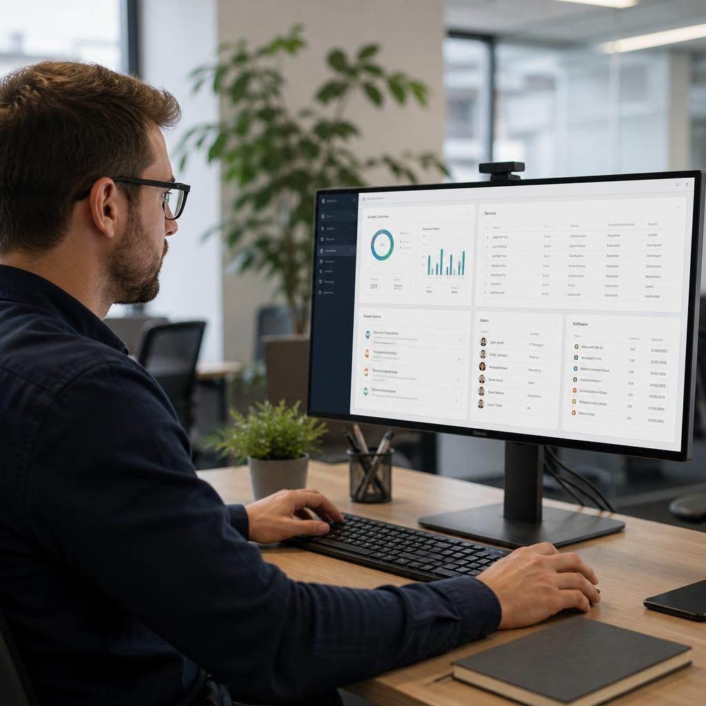 IT asset management dashboard displaying device, user and software records