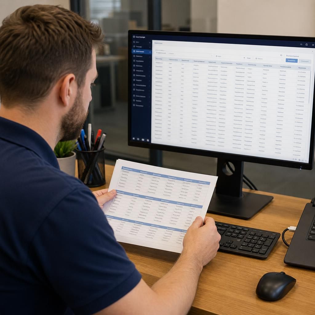 Technician comparing an IT asset register with device and software records on screen