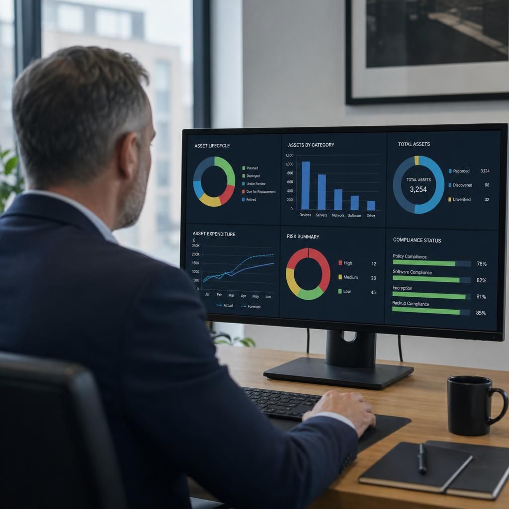 IT asset management dashboard showing lifecycle, risk and expenditure data