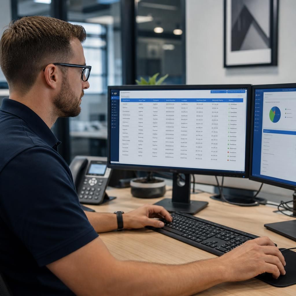 Technician reviewing an IT asset register on a computer screen