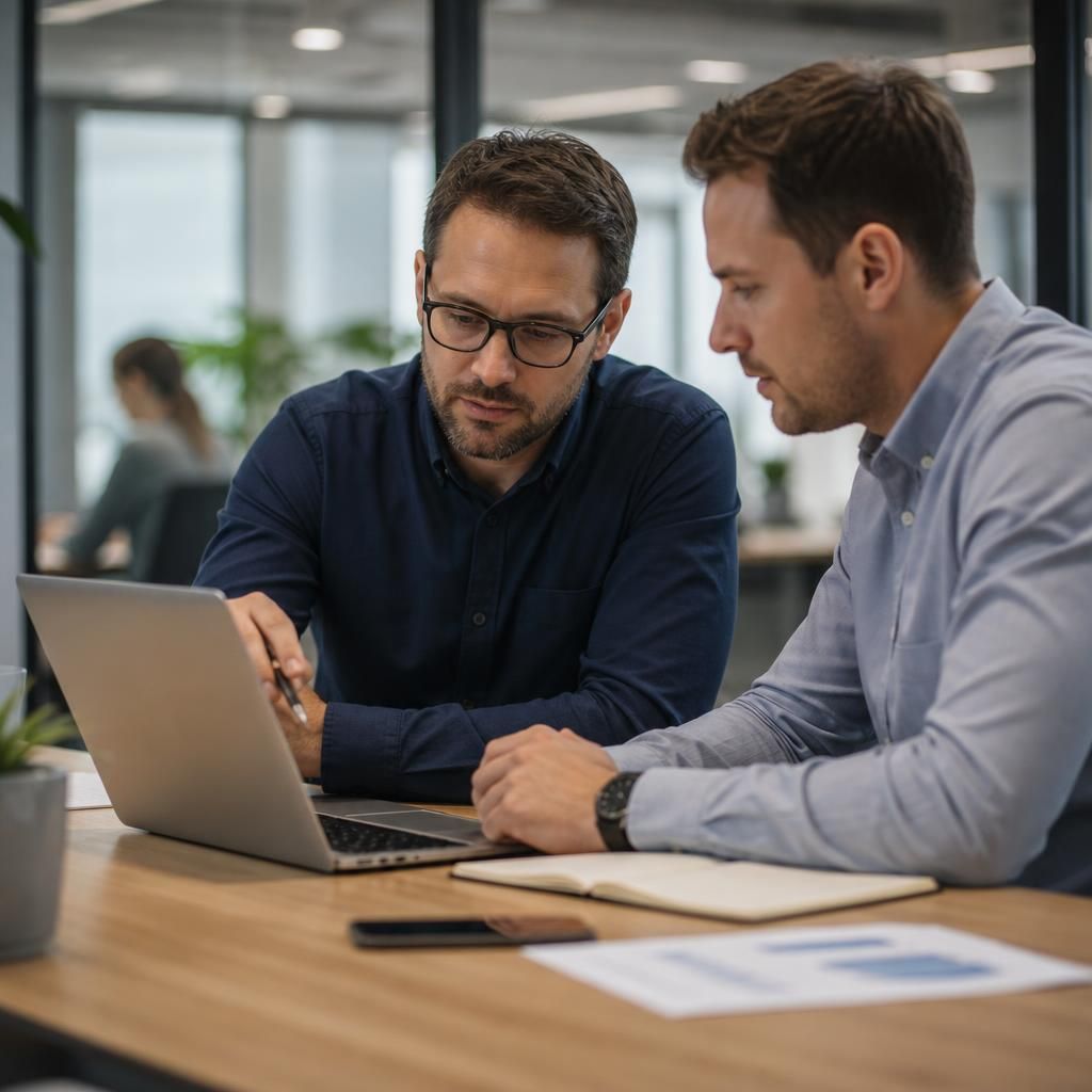 IT professionals reviewing device records on a laptop together