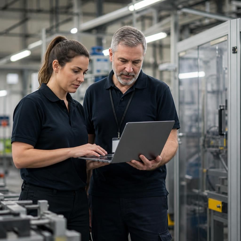 Manufacturing staff inspecting technology equipment on a production site