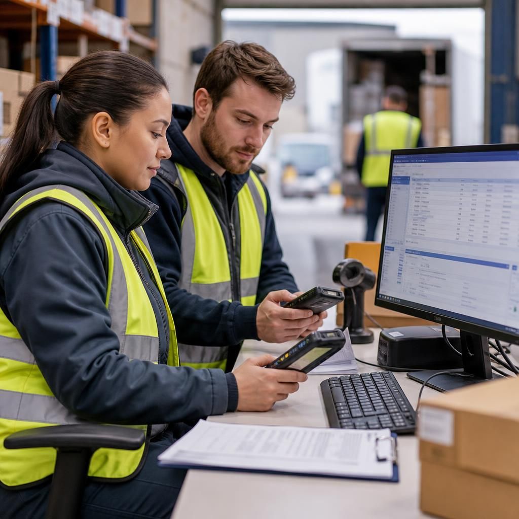 Logistics staff using handheld devices and computers to manage operations