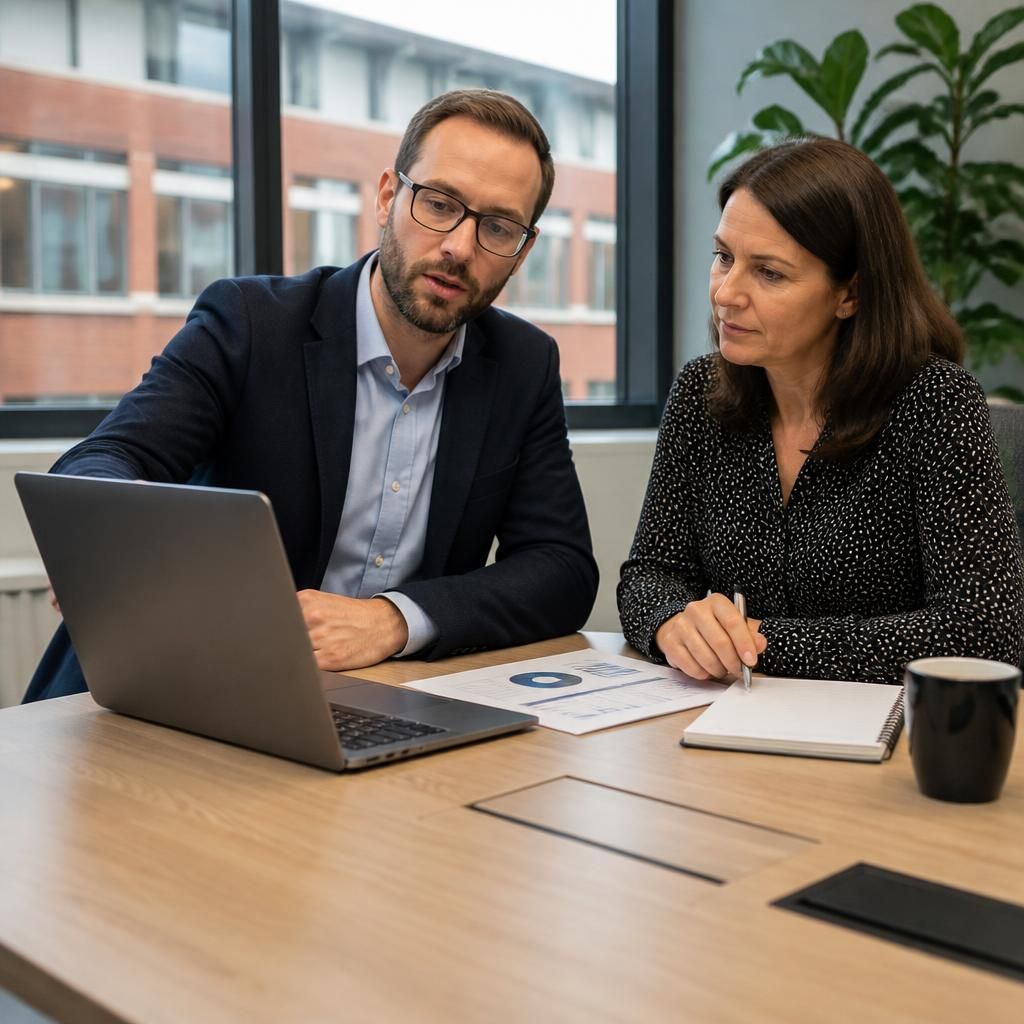 IT consultant reviewing a business device lifecycle plan with a manager