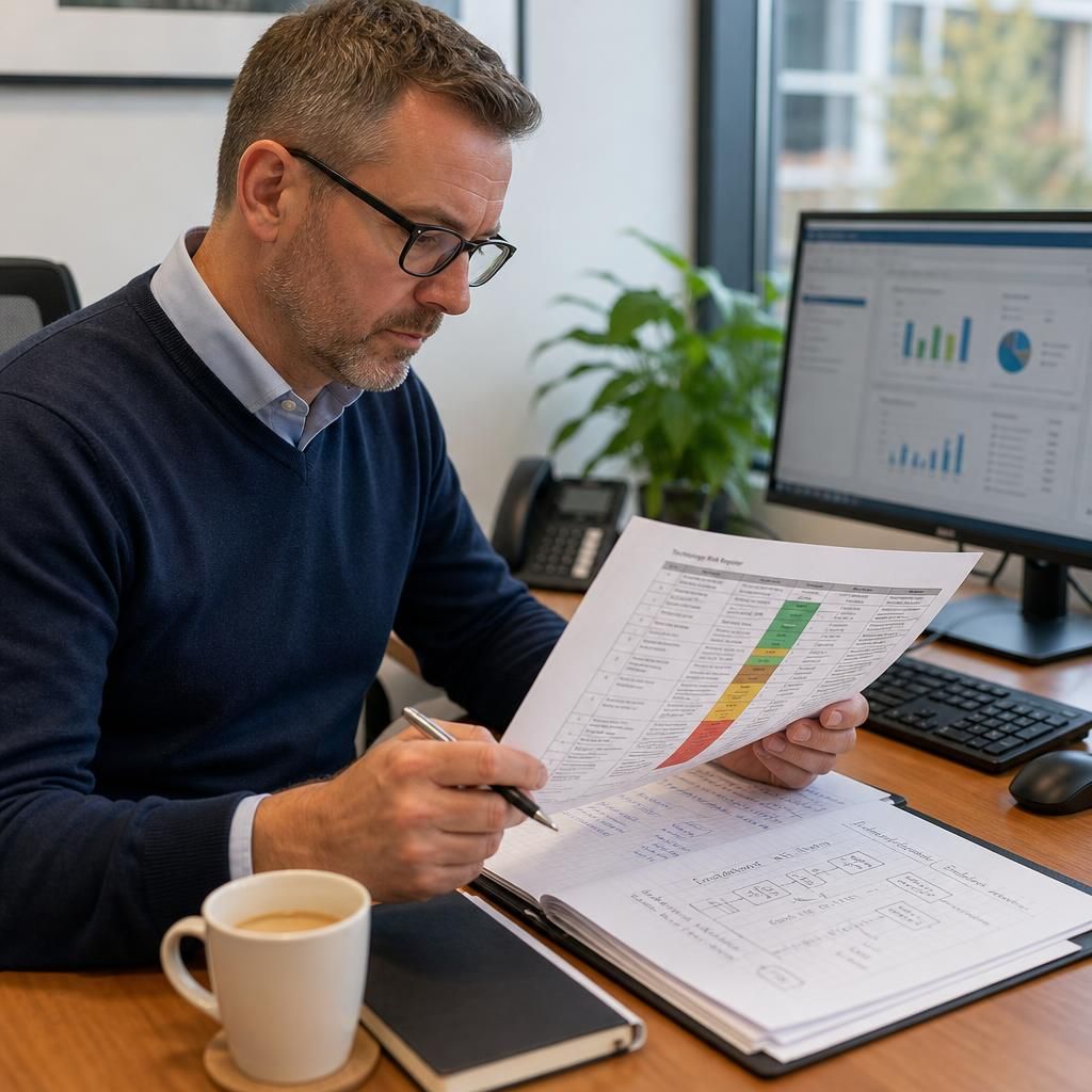 IT consultant reviewing a technology risk register and business continuity notes