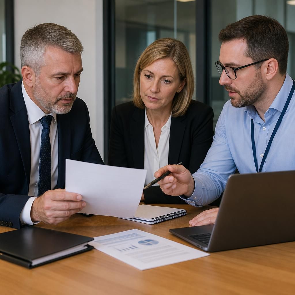 Business leaders reviewing a technology governance document with an IT consultant