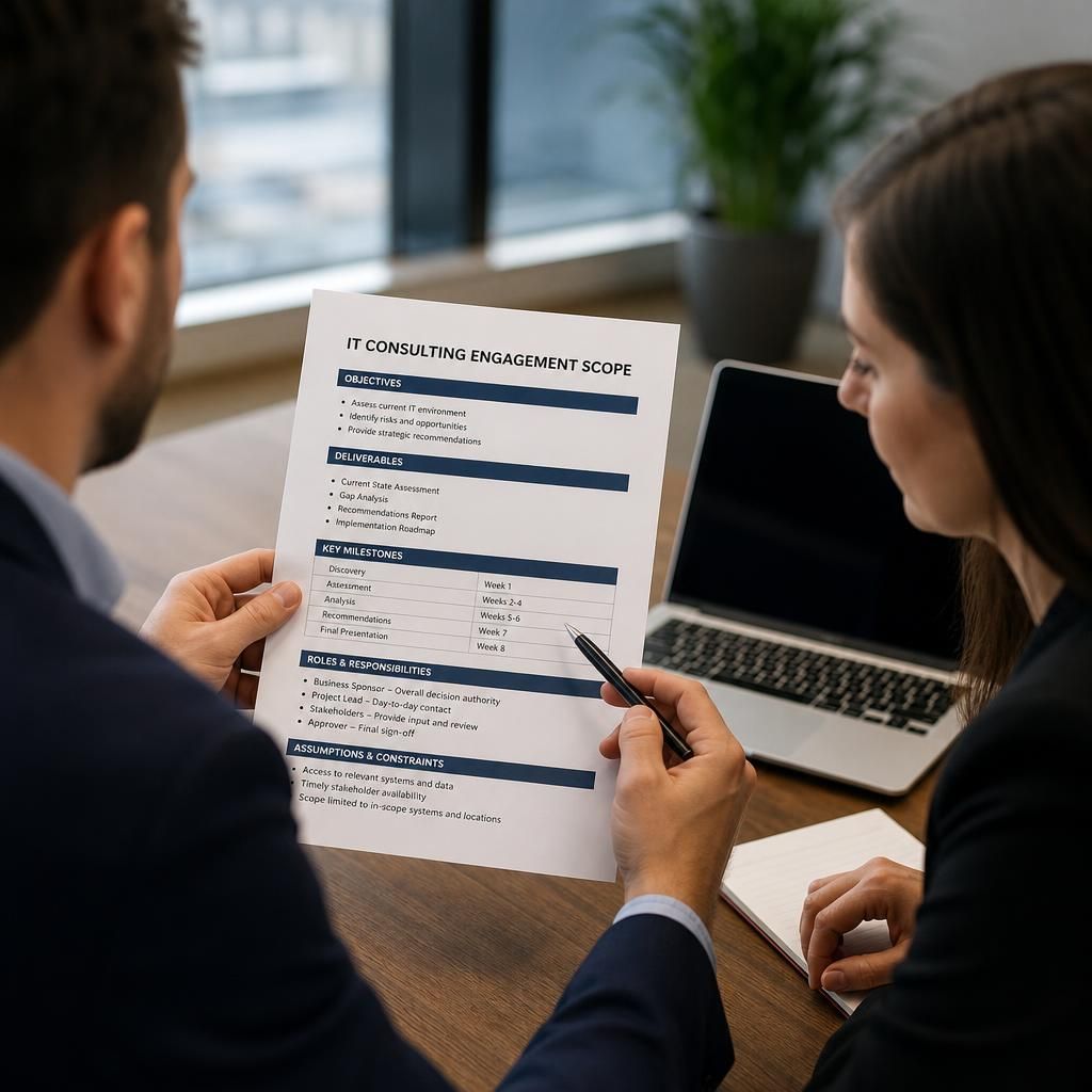 IT consulting engagement scope document showing objectives, deliverables and milestones