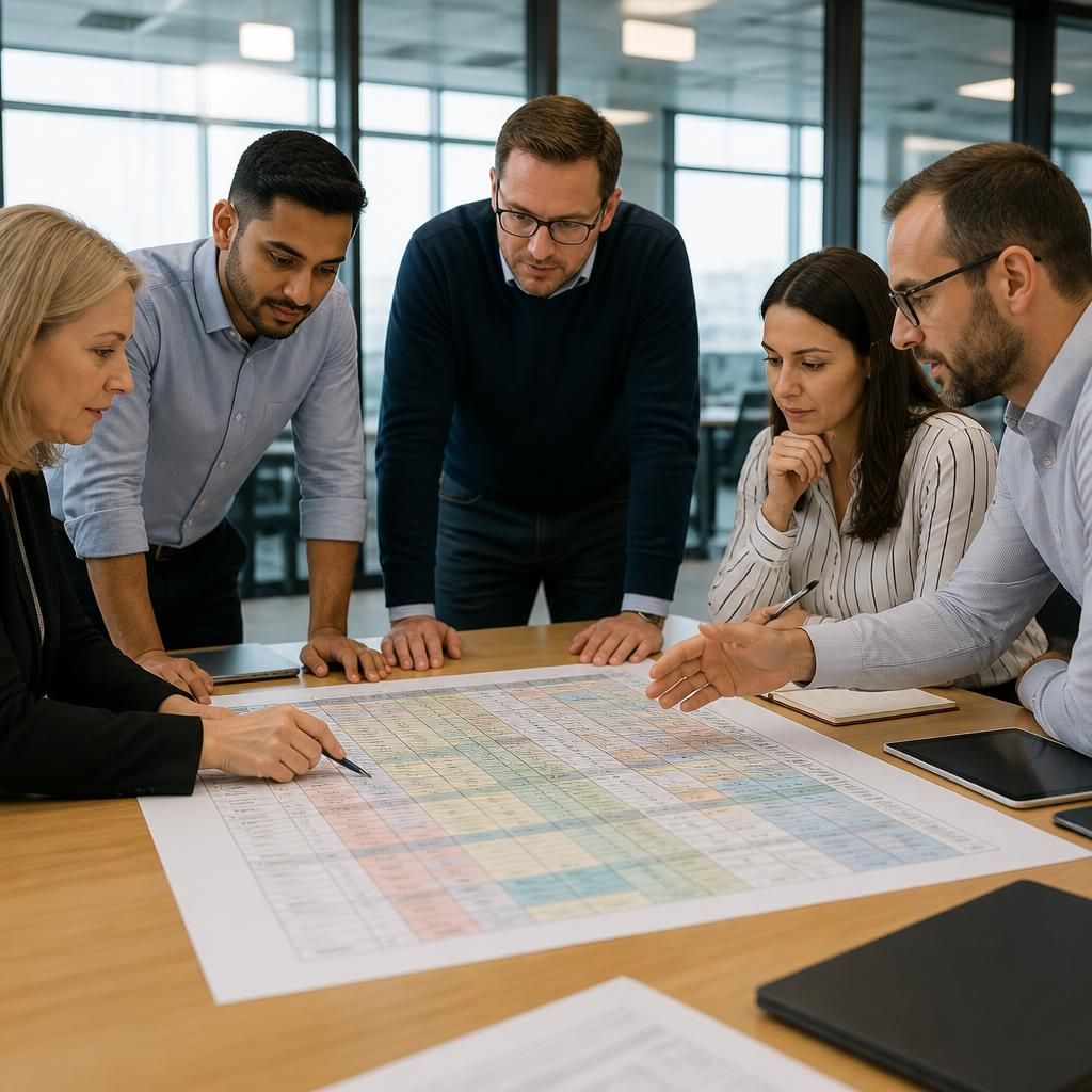 Department representatives reviewing a shared technology requirements matrix