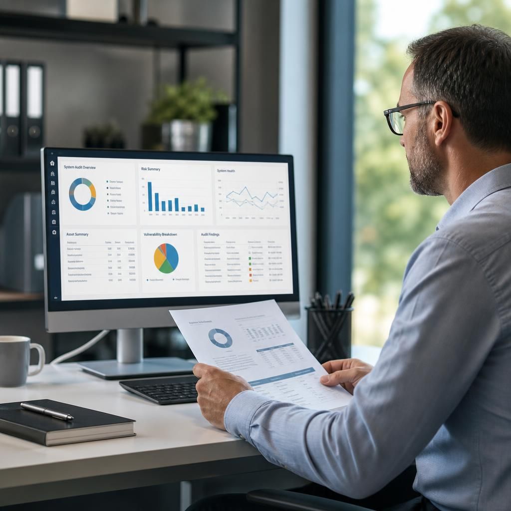 IT consultant reviewing system audit findings and project data on a monitor