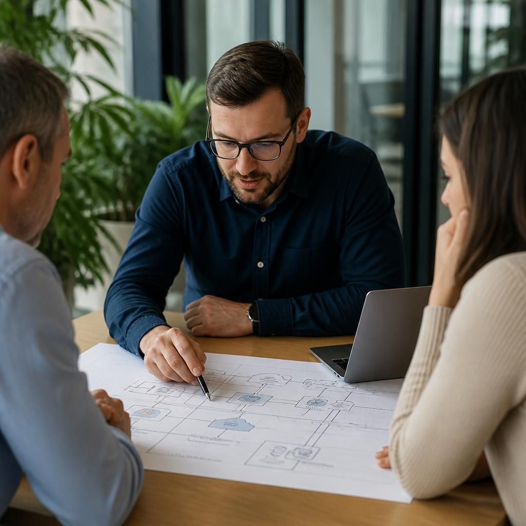 IT consultant reviewing a network architecture diagram with business stakeholders