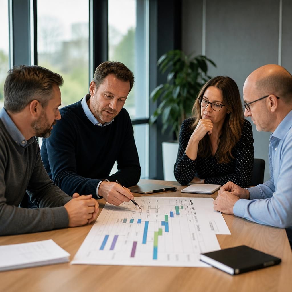 IT consultant reviewing a technology roadmap with business stakeholders