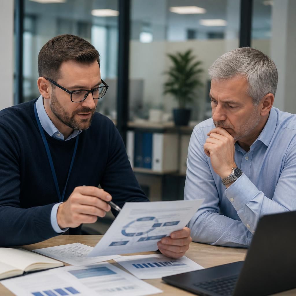 IT consultant reviewing a business technology assessment with a client