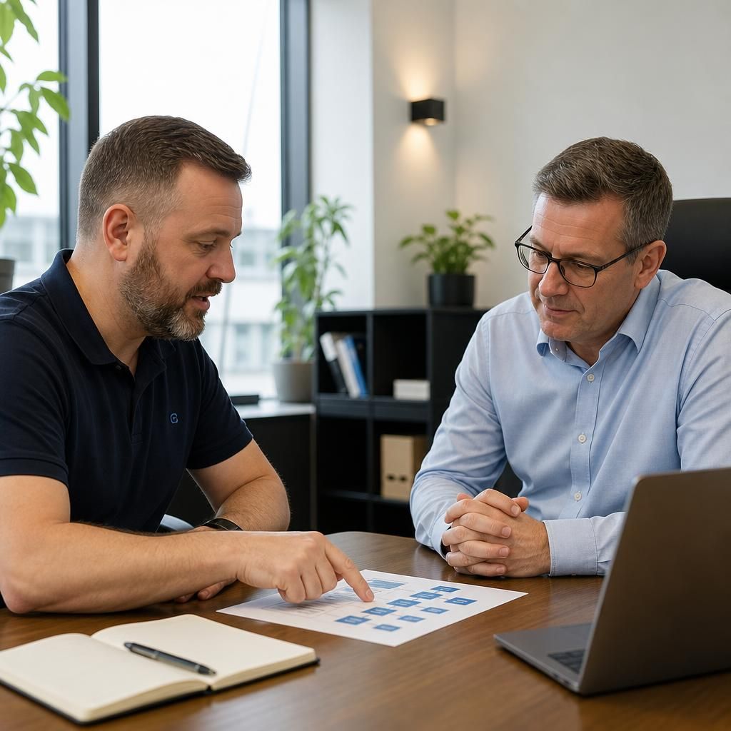IT consultant discussing technology plans with a business client at a desk