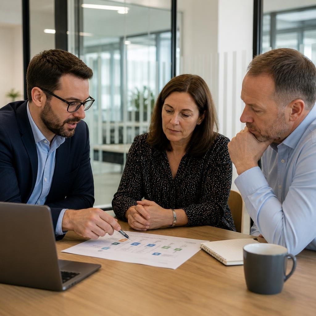 Professional services team reviewing an IT planning document with a consultant