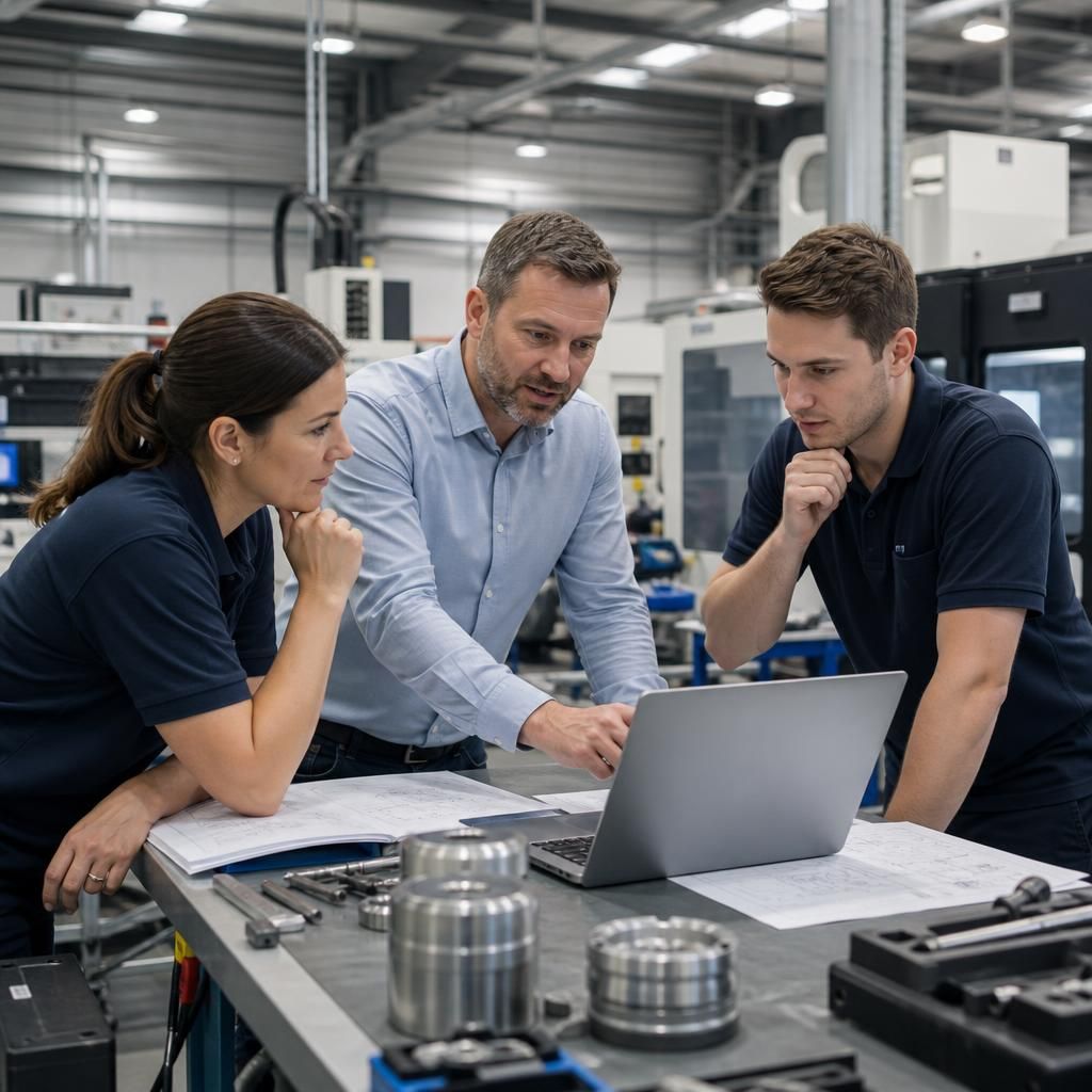 Manufacturing team discussing production systems and infrastructure requirements