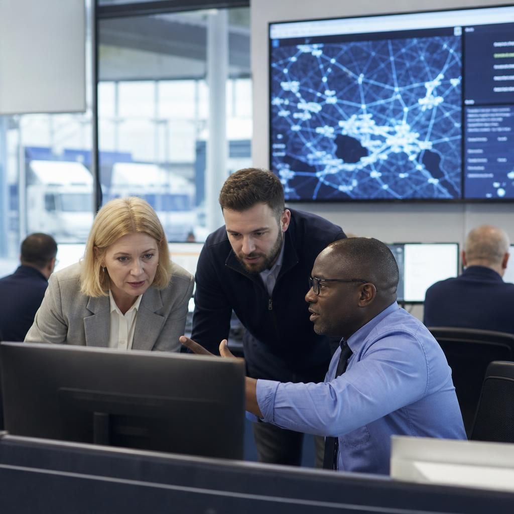 Logistics team reviewing systems used to coordinate operations across locations