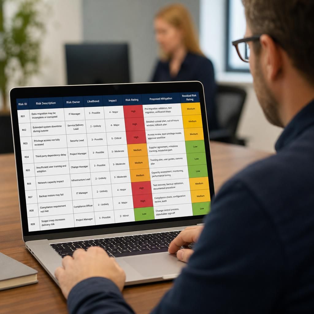 IT project risk register with risk descriptions, owners, likelihood and impact ratings