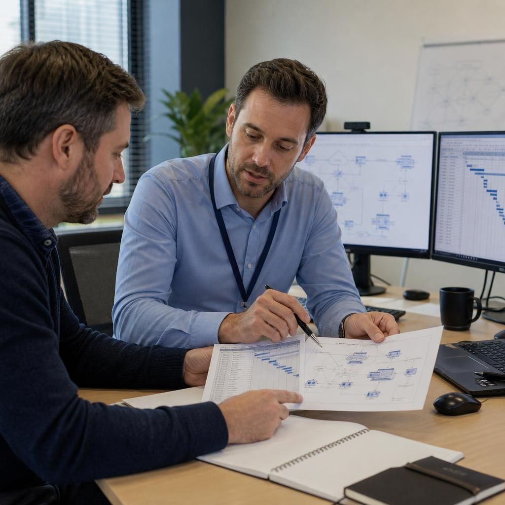 Project manager reviewing supplier schedules and network diagrams with an IT supplier