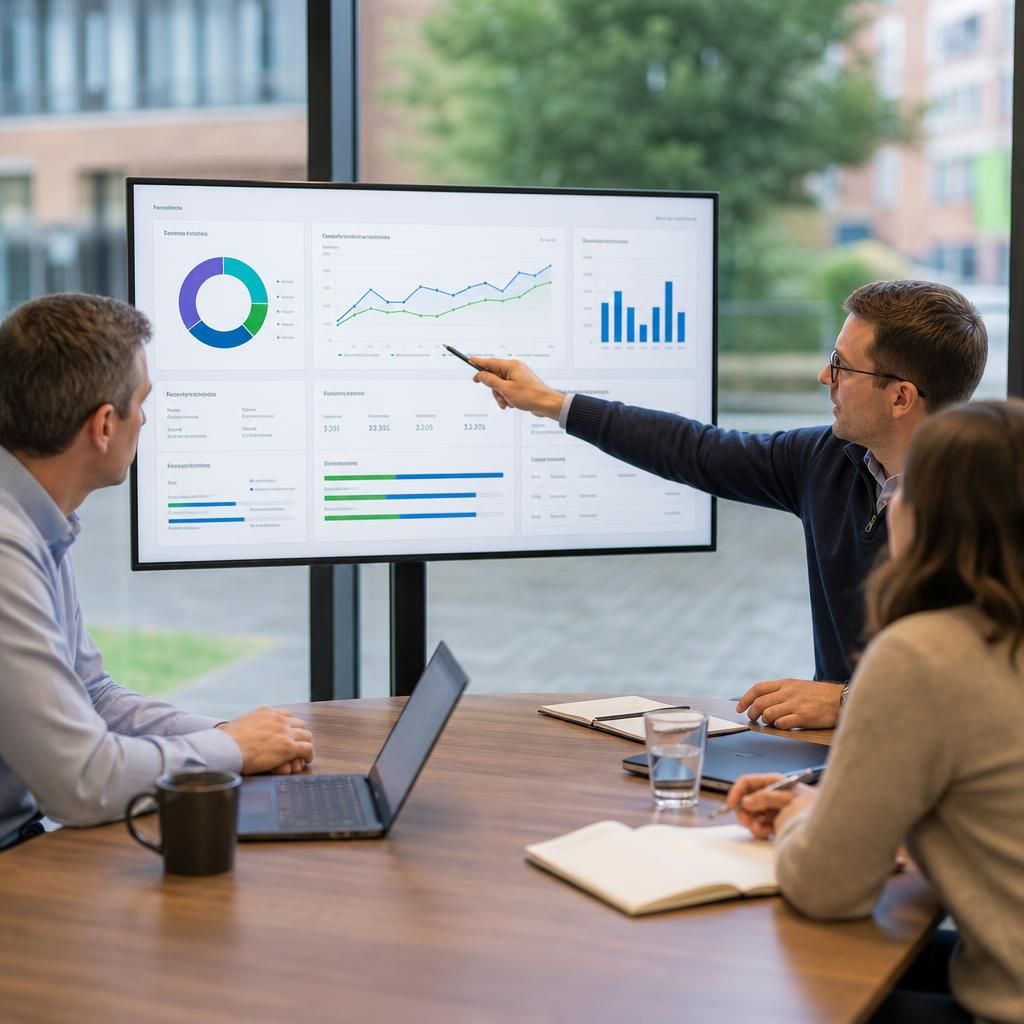 Team reviewing an IT project performance dashboard with implementation metrics