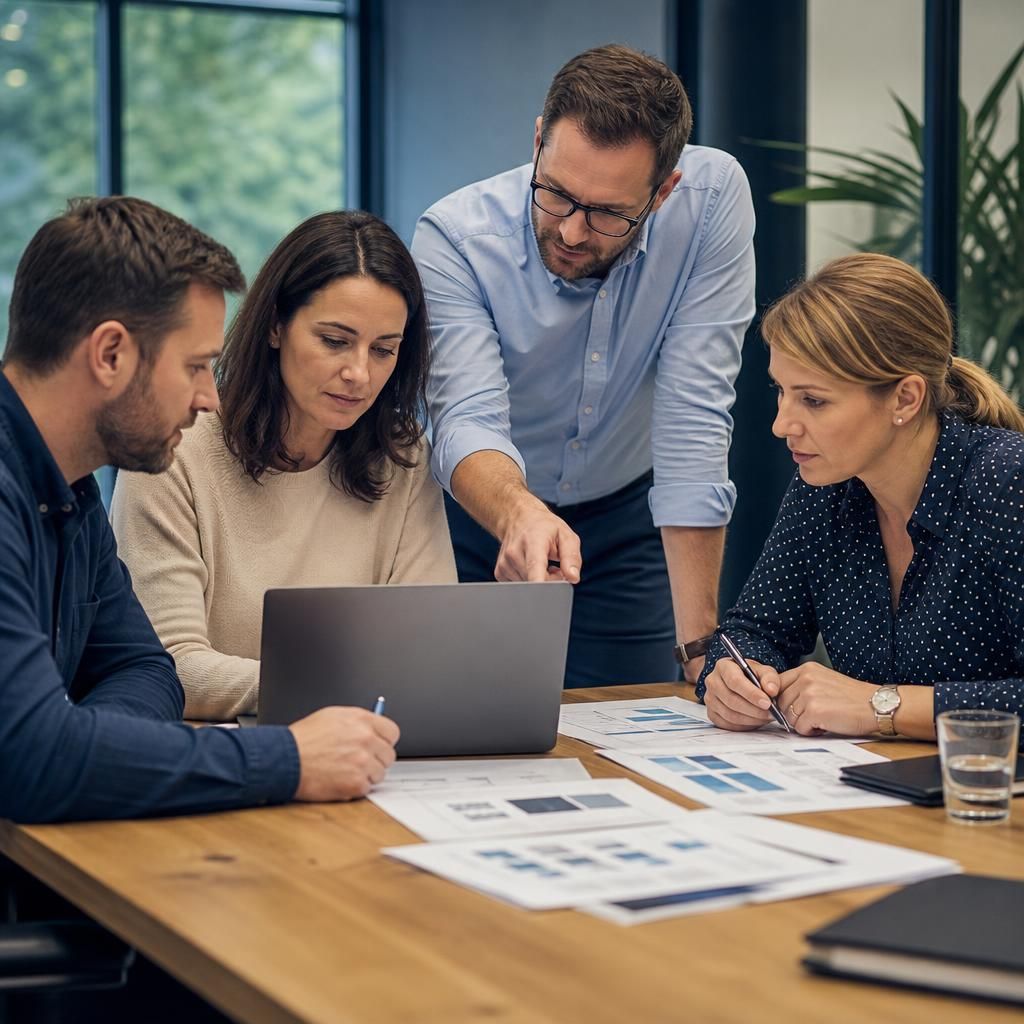Project team reviewing an IT implementation plan on a laptop and printed documents