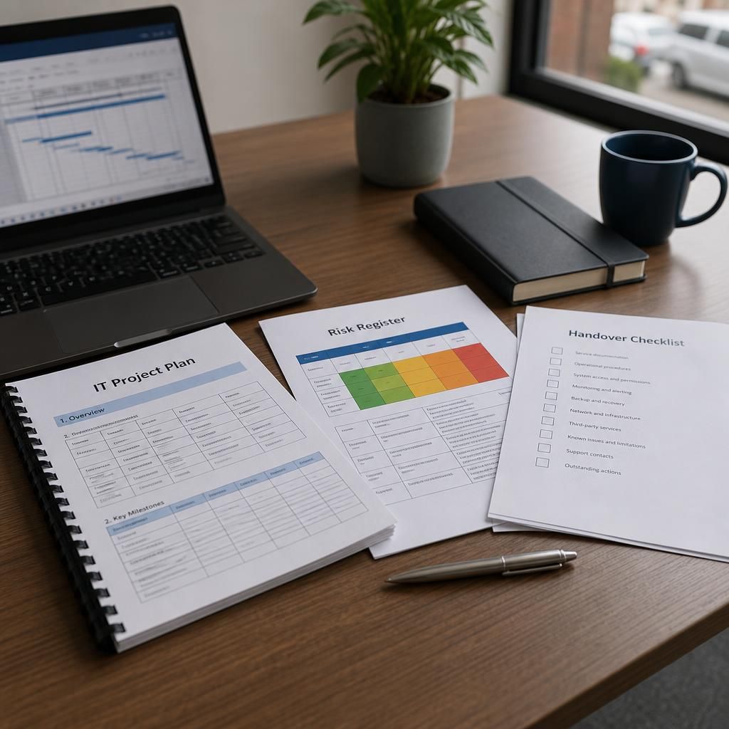 IT project plan, risk register and handover checklist displayed on a desk