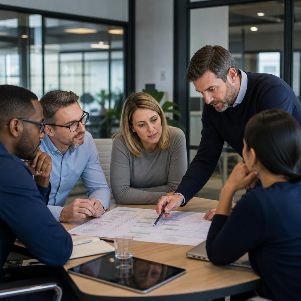 IT consultant reviewing an implementation plan with a business team