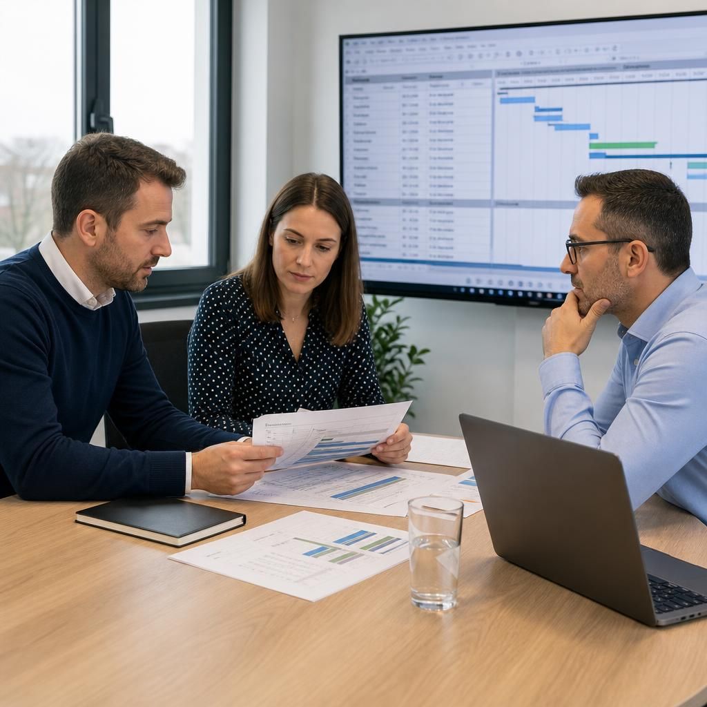 Project team reviewing a change request and updated IT delivery plan
