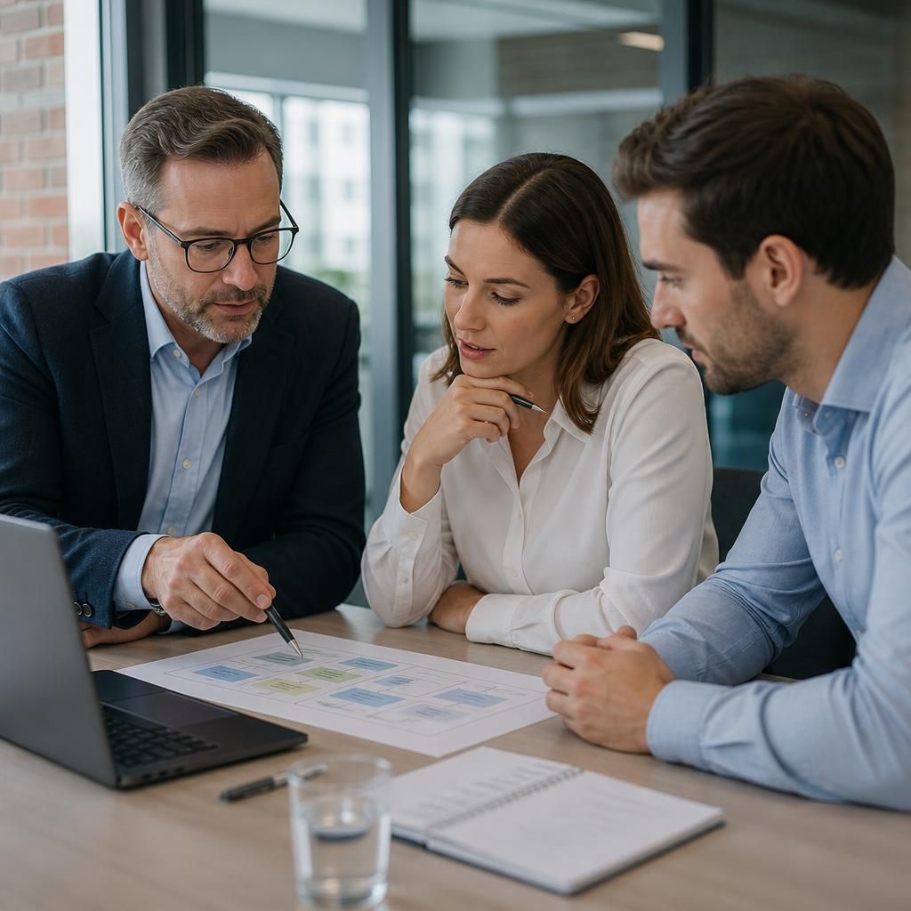 IT consultant and project manager reviewing a delivery plan with business stakeholders