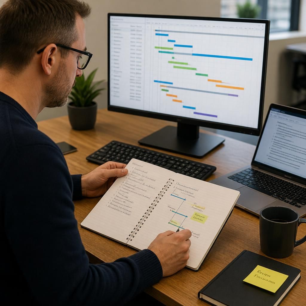 Project manager reviewing an IT project brief with timeline and task notes on a desk