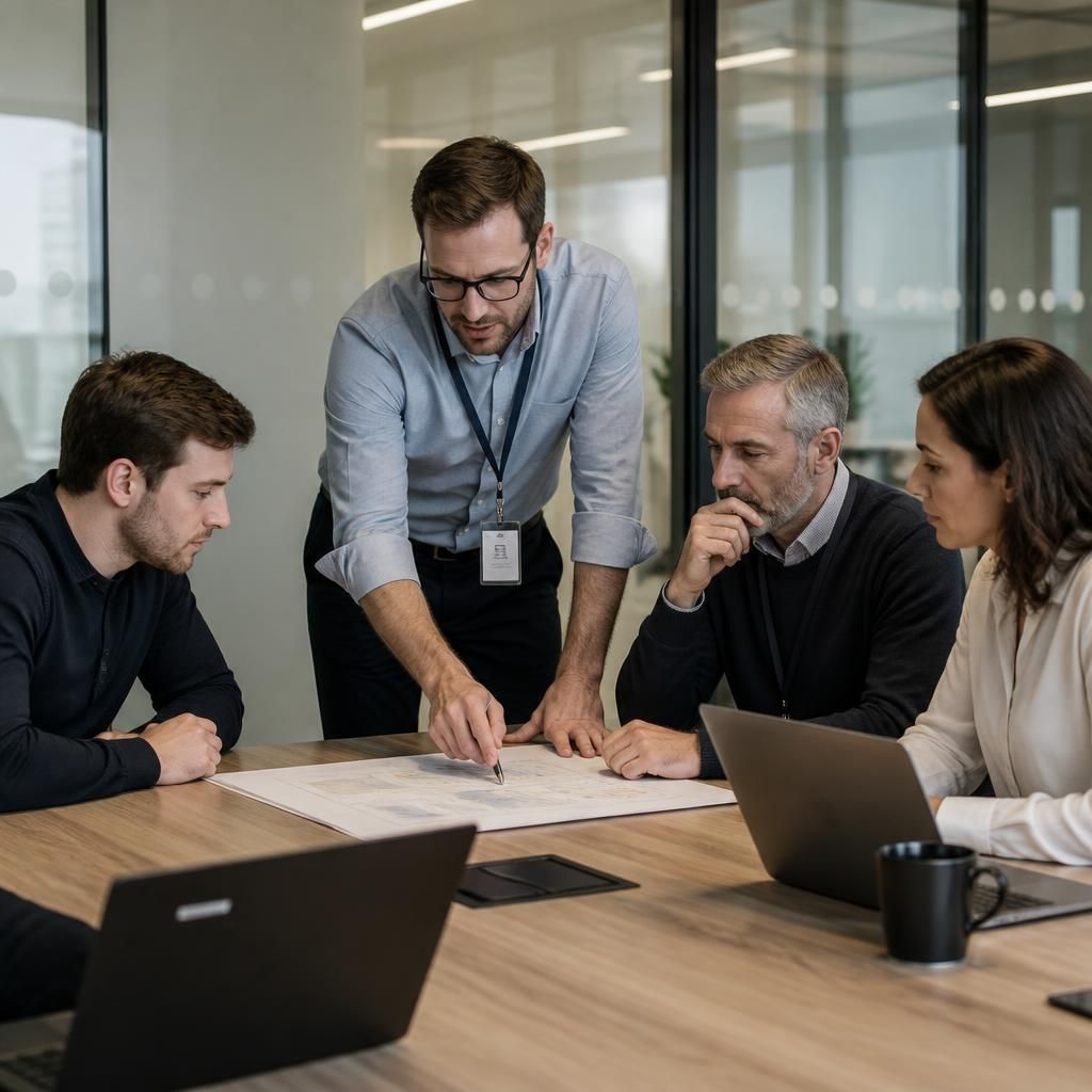IT project manager reviewing a project plan with technical stakeholders