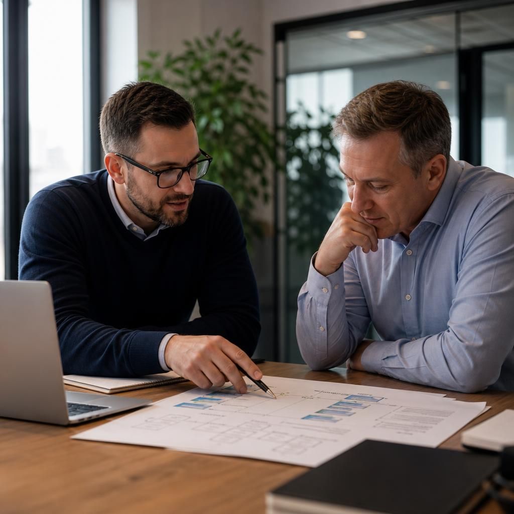IT consultant discussing project plans with a business client
