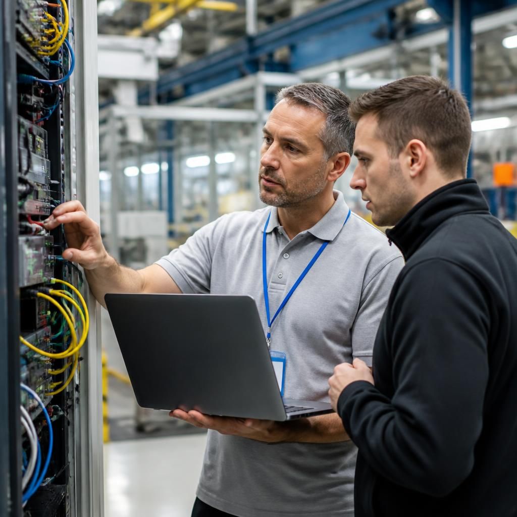 Technology specialists assessing network infrastructure in a manufacturing facility