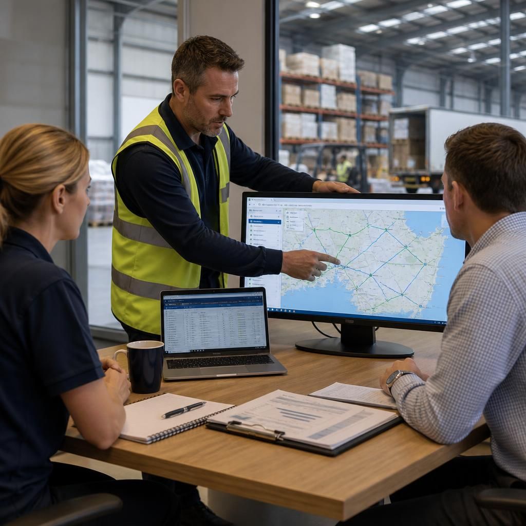 Project team discussing connectivity and systems for a logistics operation