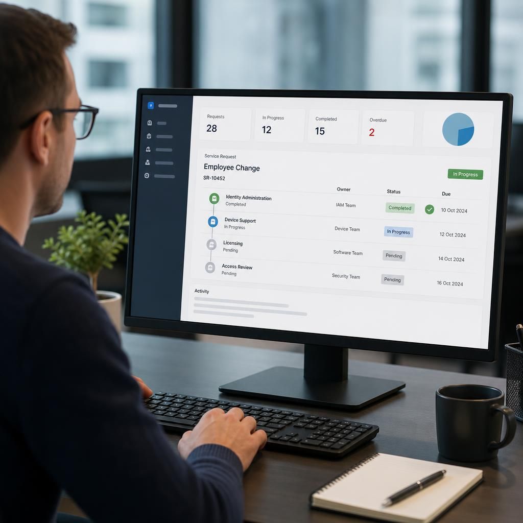 Service request workflow displayed on an IT management dashboard