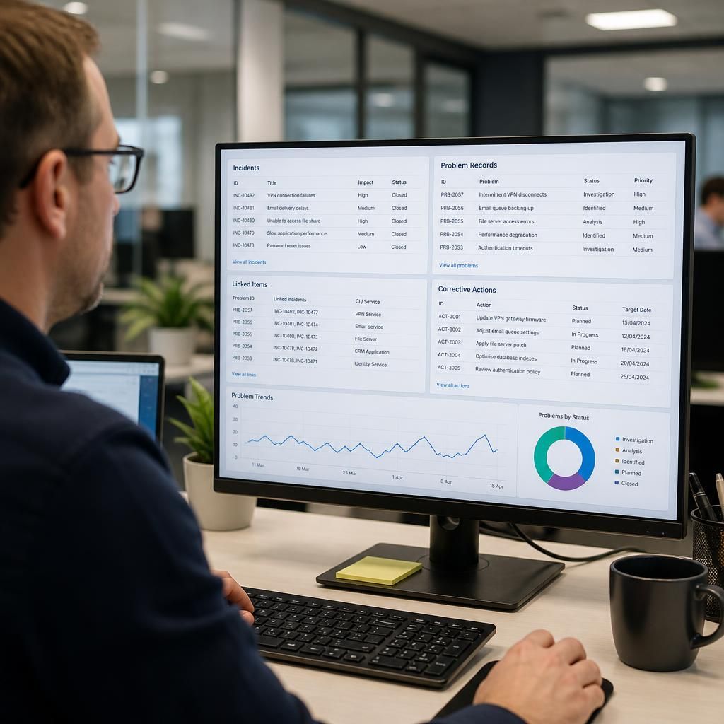 IT service management dashboard showing linked incidents, problem records and corrective actions