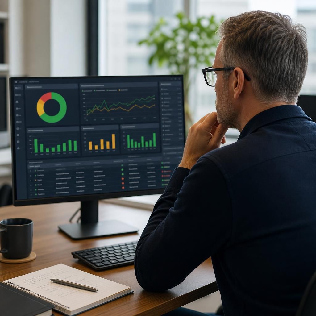 IT service manager reviewing a supplier performance dashboard with service records