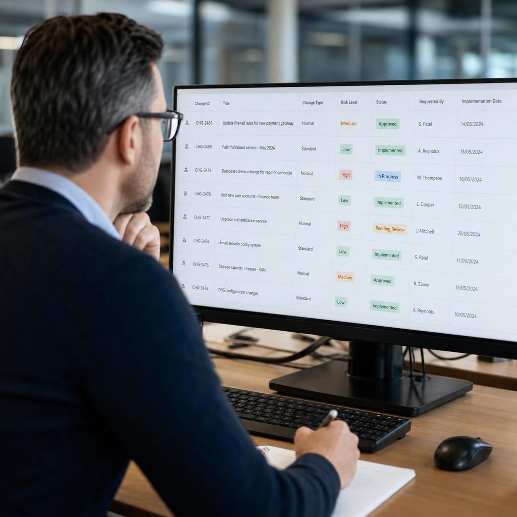 IT change request showing risk assessment, approval status and implementation details