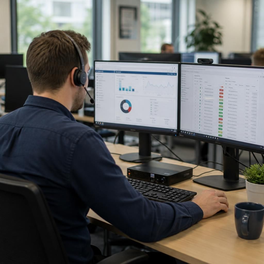 IT service desk analyst reviewing support tickets on a computer screen