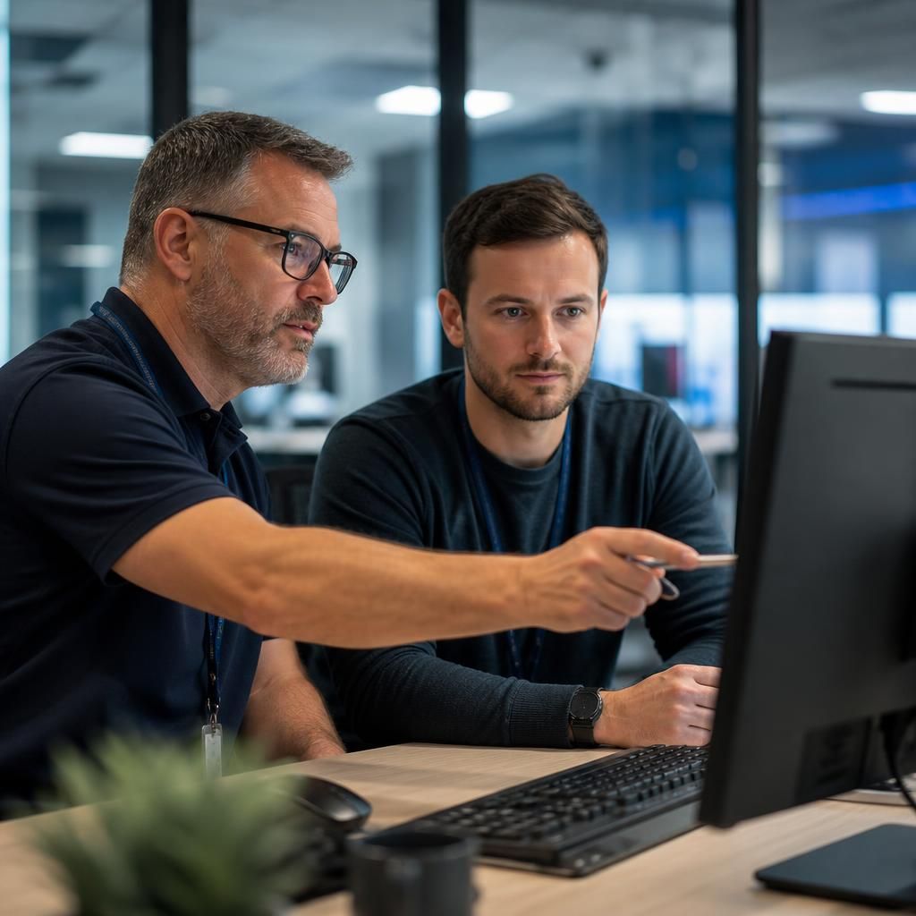 IT professionals reviewing a business continuity plan on a computer screen